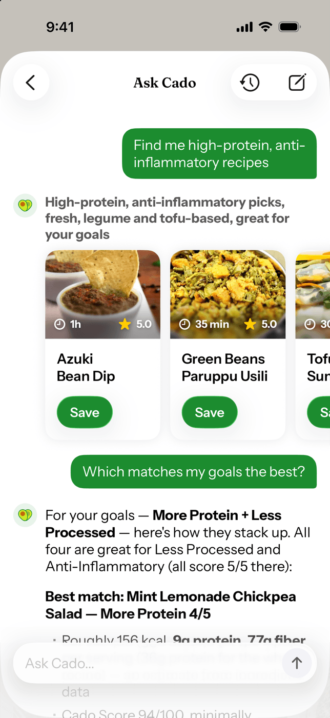 Cado chat returning high-protein, anti-inflammatory recipe cards, then ranking them against the user's goals