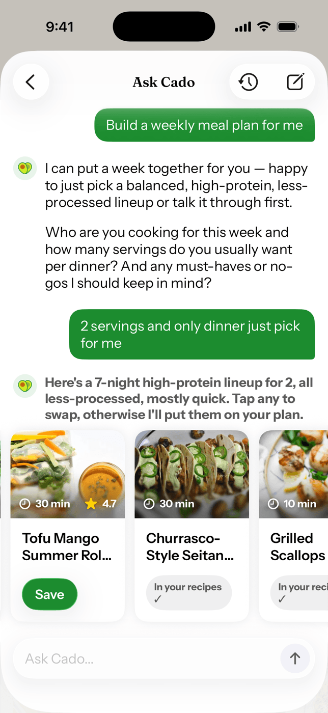 Cado chat asking one clarifying question, then proposing a 7-night dinner lineup for two