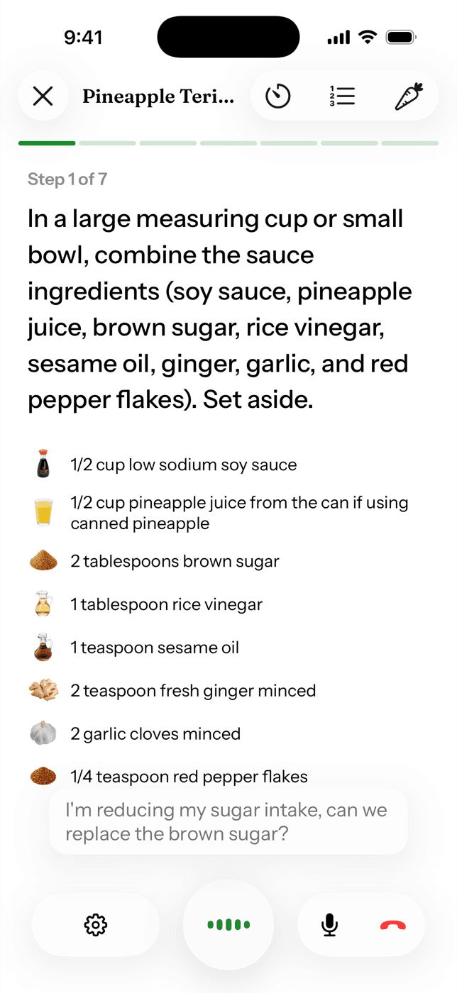 Cado cook mode: the user asks by voice to replace the brown sugar because they're cutting sugar