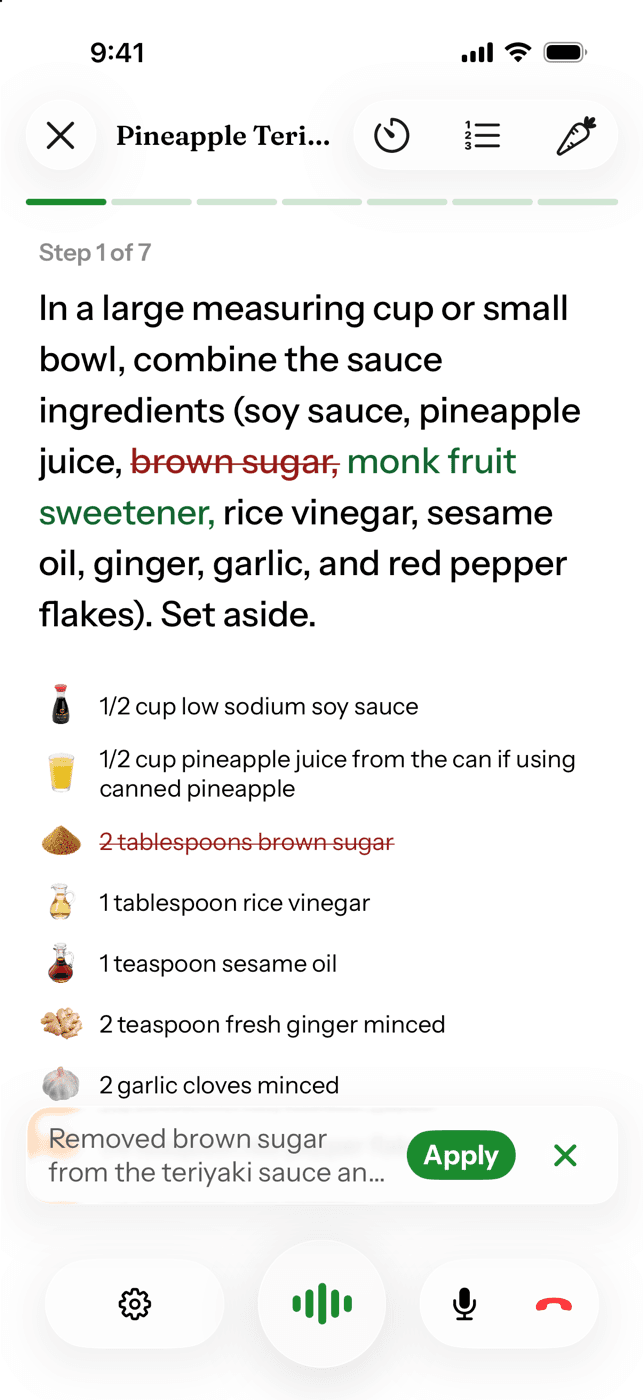 Cado shows the proposed swap inline, brown sugar struck out and monk fruit sweetener added, with Apply and dismiss buttons